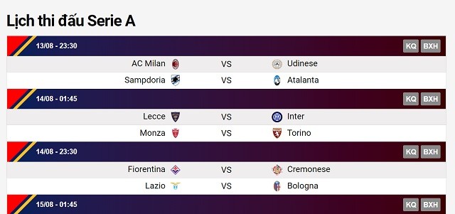 Kèo nhà cái 365 cung cấp thông tin lịch thi đấu giải Serie A
